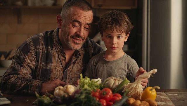 Middle-aged father and young son sorting fresh produce at rustic kitchen table, bonding