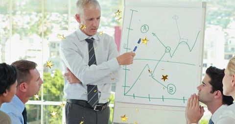 Senior executive presenting growth strategy on flipchart during team office meeting