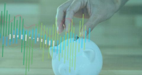 Woman inserting coin into white piggy bank with financial charts overlay symbolizing savings growth