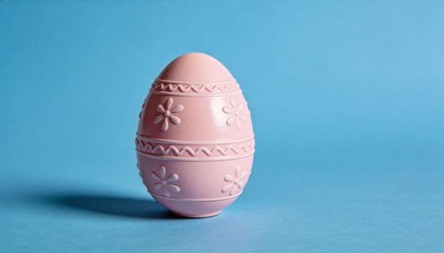 Pastel pink embossed decorative egg standing on blue background with floral bands