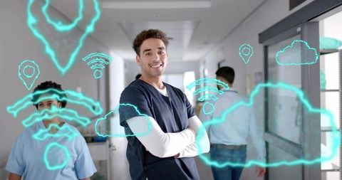 Confident Nurse With Virtual Technology Icons in Hospital Corridor