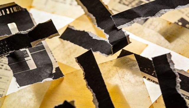 Center collage showing torn paper strips, vintage sepia filmstrip texture background