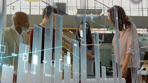 Animated Financial Data Over Colleagues Analyzing Strategies