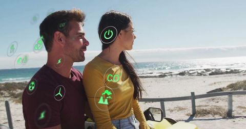 Eco-friendly beach adventure with young couple and green symbols