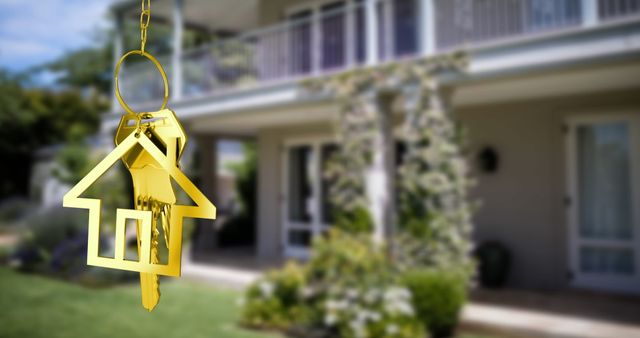 Golden House Keychain Hanging in Front of Modern Home - Download Free Stock Images Pikwizard.com