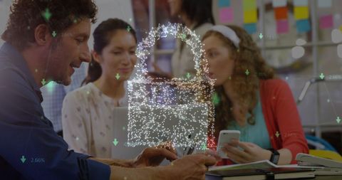 Team Meeting with Digital Security and Data Visualization Elements