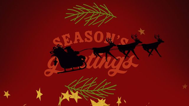 This festive scene features a silhouette of Santa Claus in his sleigh pulled by reindeer, set against a vibrant red background with 'Season's Greetings' text. Perfect for use in holiday marketing campaigns, seasonal greeting cards, or festive digital content.