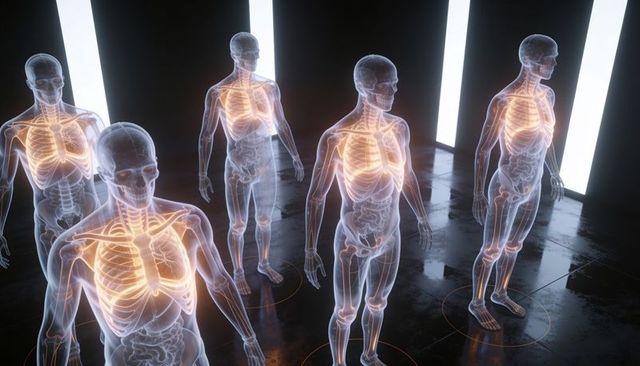 Transparent human anatomy models showing glowing thorax and organs in dark lab