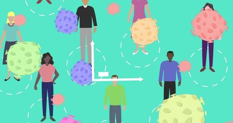 Illustration of diverse people with covid-19 particles