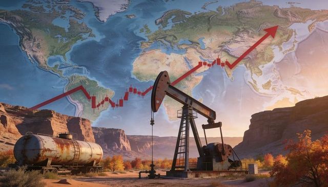 Pumping weathered pumpjack in desert canyon at sunset with rising red candlestick overlay