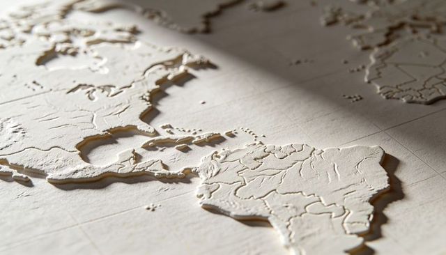 Embossed paper relief map of americas showing raised topography and contour grid