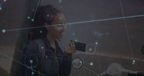 Digital connections overlay on woman using smartphone