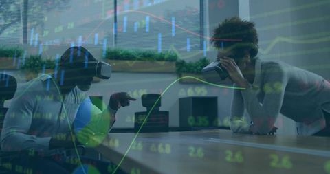 Team collaborating with virtual reality in modern office