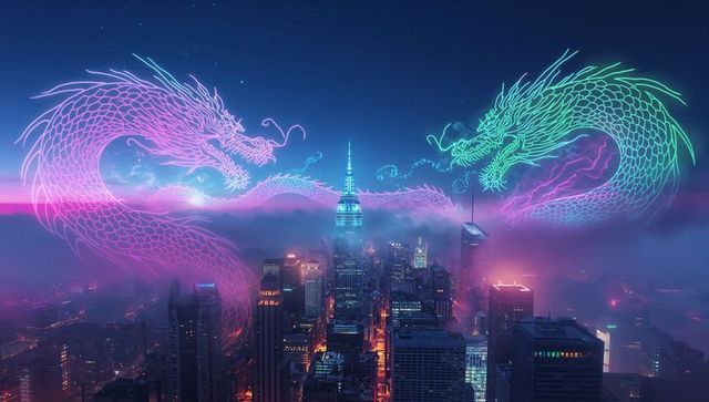 Neon dragon spirits weaving above futuristic city spire at night, cyberpunk skyline