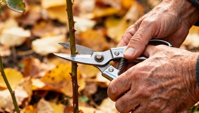 Senior gardener pruning thorny rose stem with pruning shears among autumn leaves