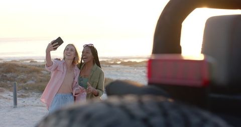 Joyful Road Trip Selfie at Serene Beach
