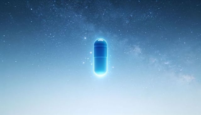 Floating blue capsule with neon halo above starry cosmic band futuristic health concept