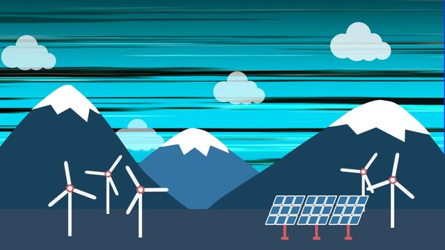 This illustration showcases a cartoon landscape featuring solar panels and wind turbines set against a backdrop of mountains and clouds. The dynamic blue and black sky adds a vibrant touch to this whimsical depiction of clean energy. Perfect for educational materials, environmental campaigns, and children's educational content focused on sustainability and renewable resources.