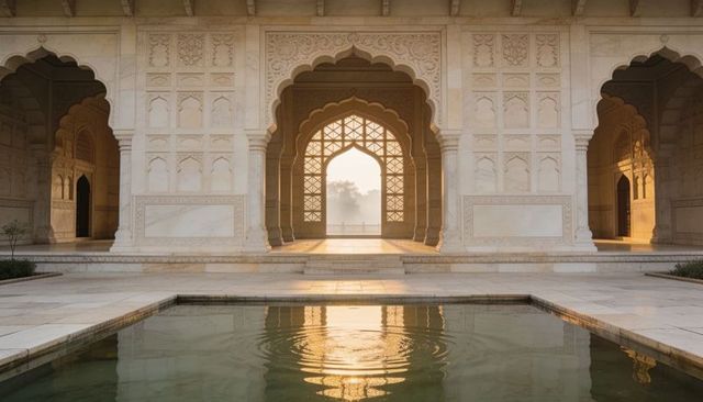 Sunlit mughal marble pavilion with jali lattice and pool reflection at dawn