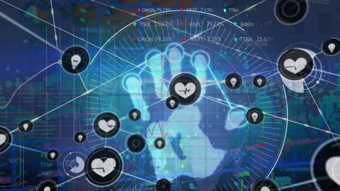 Futuristic Digital Network with Handprint and Data Connections
