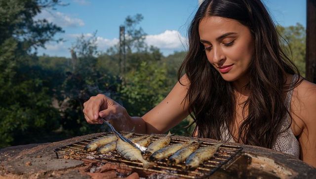 Sunlit woman grilling sardines on rustic backyard barbecue using metal tongs, al fresco