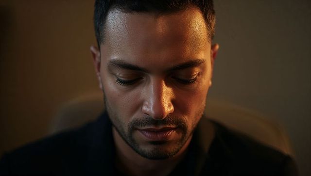 Brooding man looking down in cinematic warm light, closeup contemplative portrait