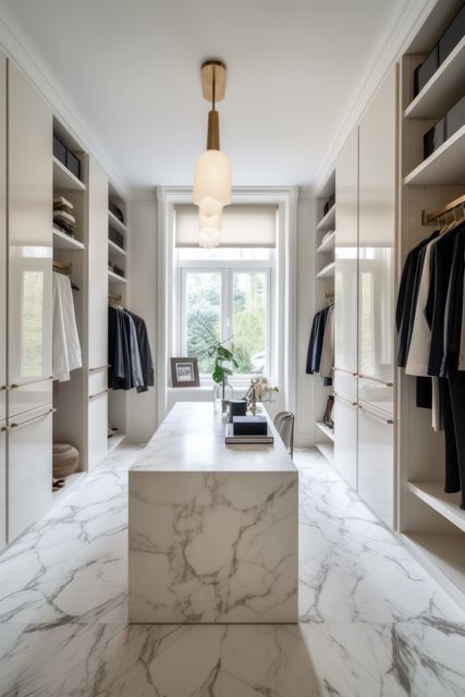 Modern walk-in closet featuring a marble countertop with built-in storage and stylish decor. Wardrobes and clothing racks are organized elegantly, and natural light flows through large window. Ideal for showcasing luxury home interiors, organization, and stylish home decor.