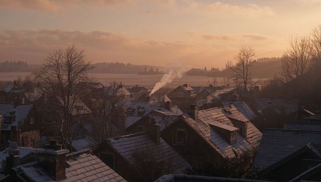 Sunlit winter village at dawn with snow-covered rooftops, chimney smoke, and misty horizon
