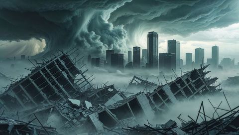 Apocalyptic Skyscraper Ruins Loom Midst Churning Storm