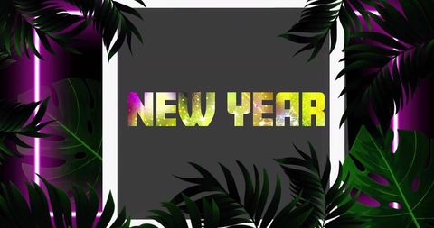 Glittering neon new year poster celebrating tropical party with monstera leaves and bokeh fronds