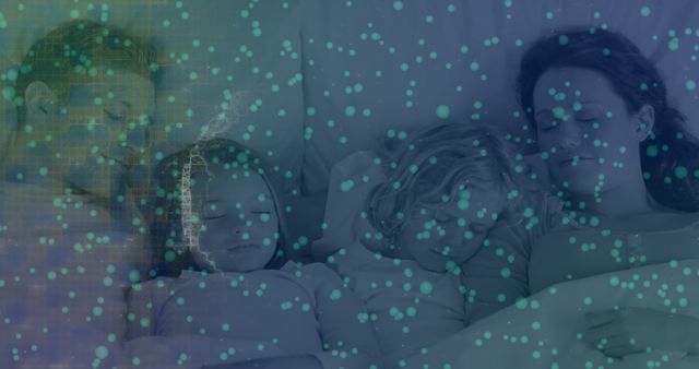 Family sleeps peacefully together in bed with soft dreamlike overlay of sparkling dots. Ideal for themes focusing on family bonding, restful nights, comfort, and nurturing relationships. Perfect for advertisements, publications, and campaigns promoting sleep health, family values, and bedtime routines.