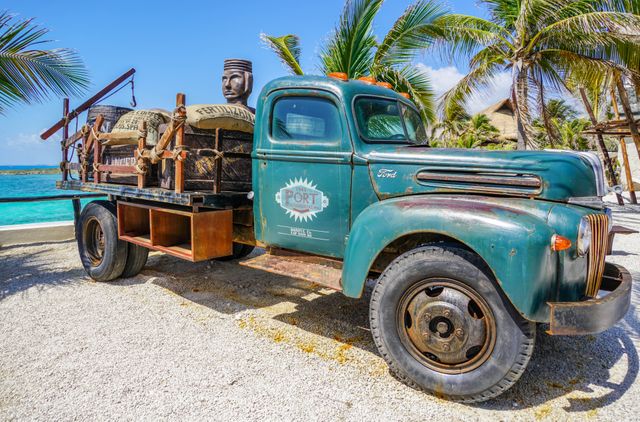 Vintage truck parked on a sandy beach in a tropical setting. Surrounding palm trees add to the retro maritime feel, suggesting historical journeys and cargo transport. Perfect for travel, adventure, history, and transportation-themed projects.