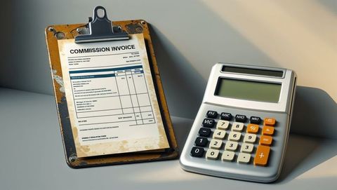 Commission invoice on clipboard beside calculator on desk