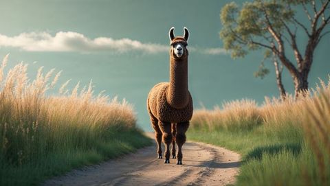 Graceful brown llama on serene countryside path in afternoon light