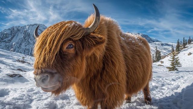 Highland cattle standing on snowy alpine ridge with shaggy red-brown coat and horns