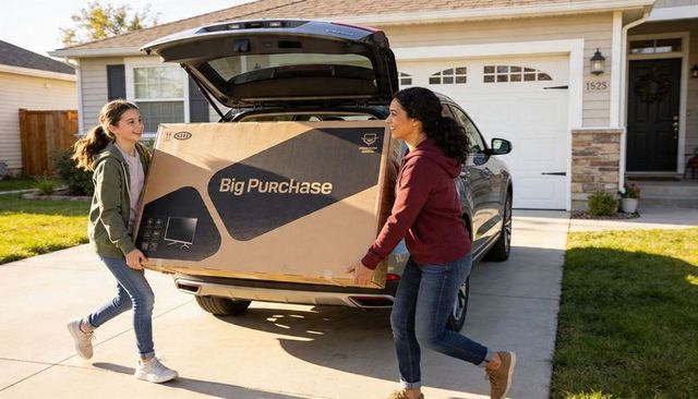 Mother and daughter carrying large tv box from suv on suburban driveway moving day