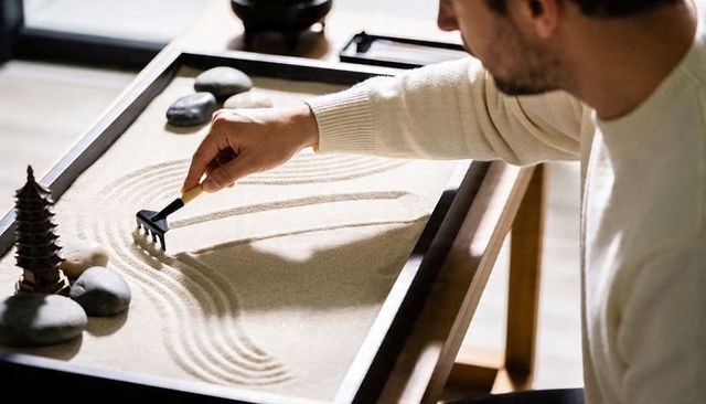 Mindful raking rippled sand patterns in tabletop zen garden for meditation and focus