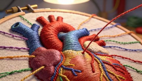 Stitching multicolor anatomical heart with yarn in wooden embroidery hoop