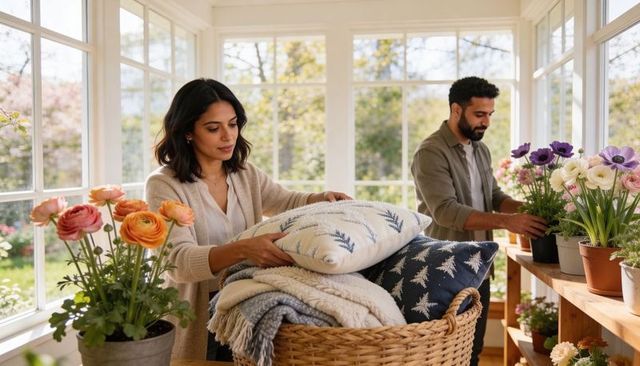 Couple organizing pillows and tending potted plants in sunlit conservatory