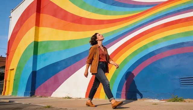 Woman walking past vibrant rainbow mural on sunny urban sidewalk, casual style