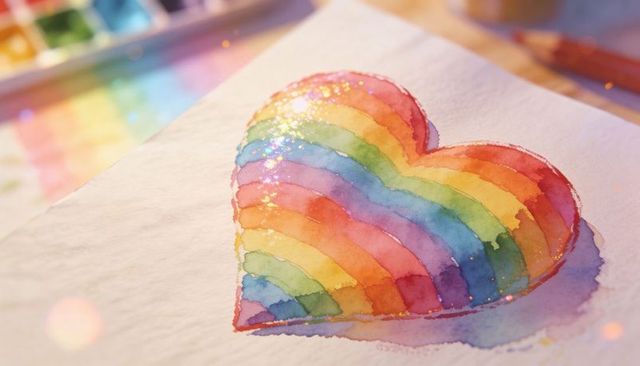 Handpainted rainbow watercolor heart with glitter on textured paper, palette and brushes on art desk
