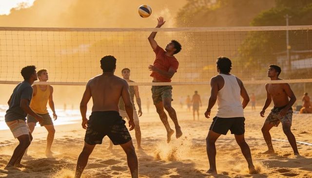 Leaping player spiking volleyball over net at golden beach sunset, sand court action