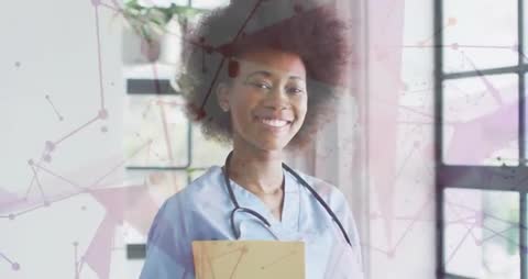 Smiling Clinician with Digital Network Graphics Overlay in Modern Clinic