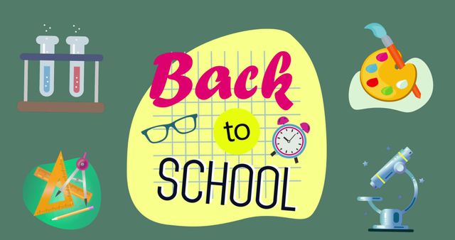 Vibrant digital design displaying 'Back to School' text with colorful illustrations of ongoing educational themes. Includes depictions of science beakers, an art palette, geometry tools, and a microscope. Ideal for school newsletters, classroom posters, educational websites, and promotional materials celebrating return to school.