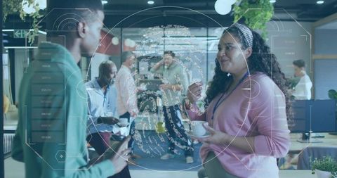 Office networking with biometric hud showing fingerprint authentication and collaboration