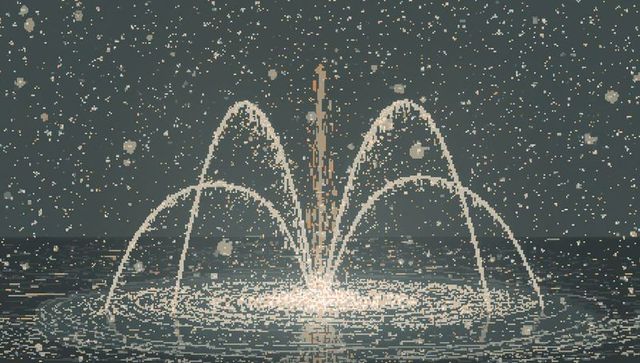 Pixelated night fountain spraying glowing arcs and central jet reflecting on calm water