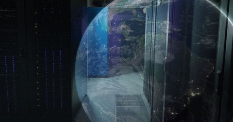 Globe Overlay on Server Room Reflects Global Data Connectivity