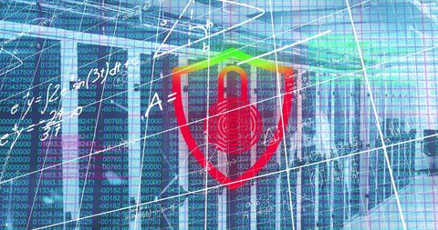 Digital Security Padlock with Binary Code Overlay in Data Center