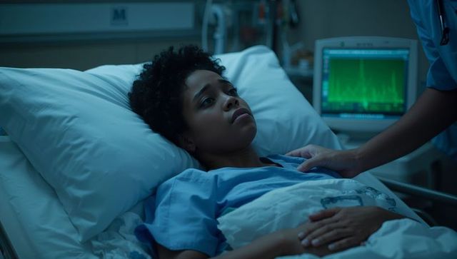 Night nurse comforting young black patient in hospital bed during monitoring and care