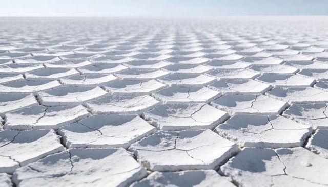 Cracked white salt flats forming hexagonal plates stretching to horizon minimalist geometry